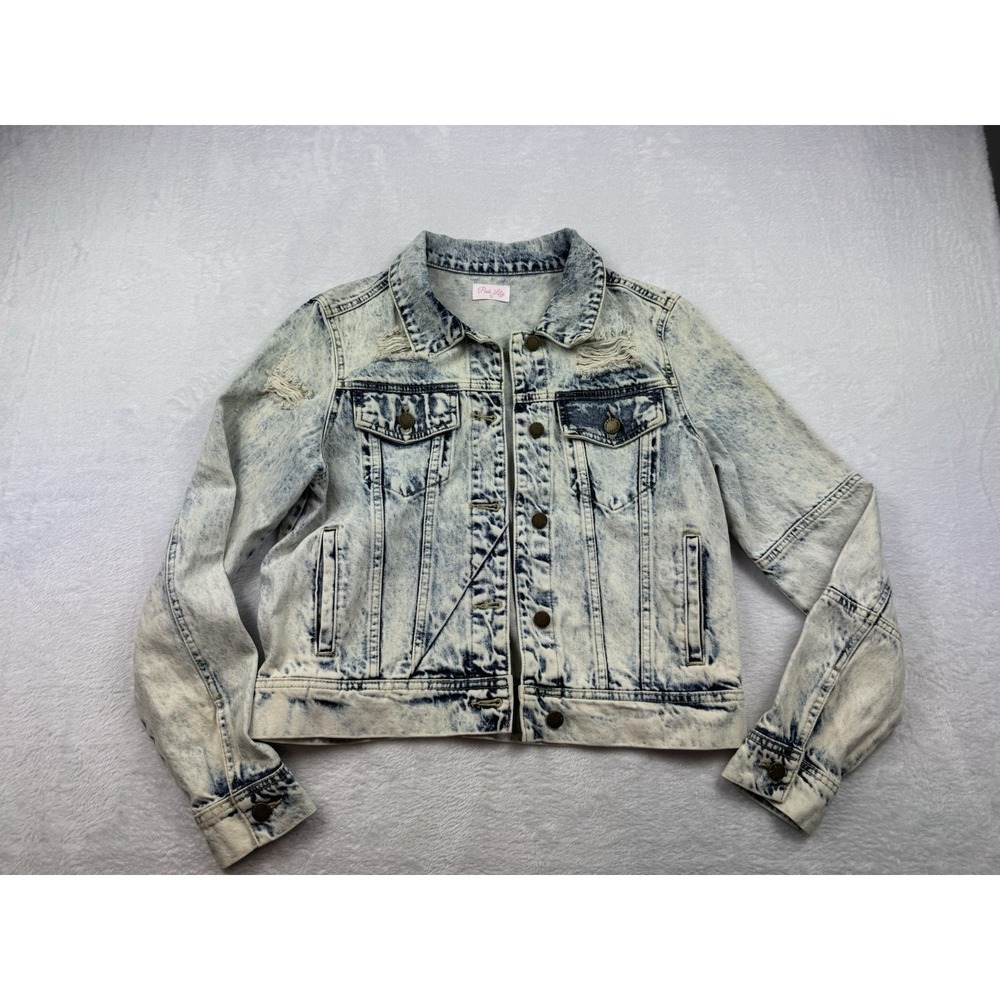 Denim Acid Wash Distressed Womens Jean Jacket Size S Retro Streetwear Grunge